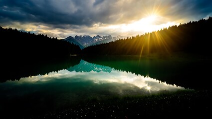 Dramatic mountain lake at sunset with sun rays breaking through clouds