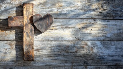 A rustic wooden cross and heart are placed on a weathered wooden surface. The scene conveys themes of love and faith.