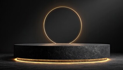 Dark, minimalist pedestal with glowing circle