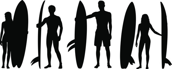 cad drawing flat vector illustration, surfer people silhouette, surfboard pose design, beach lifestyle, summer sport figure, ocean surf scene