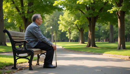 Elderly man sitting on park bench with cane in summer greenery  