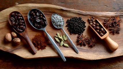Assortment of spices and coffee beans presented on wooden tray with metal scoops.