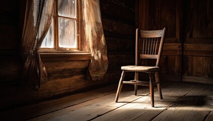 An antique wooden chair in a rustic cabin room