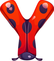 Ladybug cartoon font letter Y. Red ladybird cartoon kids ABC font symbol, spring lady bug vector typeset sign. Garden ladybug beetle typeface element or English alphabet type letter © Vector Tradition