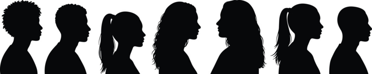 Diverse people silhouette set – men and women profile portraits facing right, vector illustration for teamwork, inclusion, identity concepts © miss