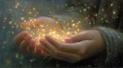 Fototapeta premium A pair of hands gently cupped together, releasing or catching tiny glowing particles in a warm,