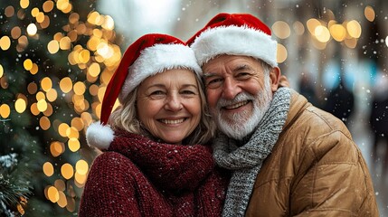 A senior Caucasian couple smiles warmly while wearing Santa hats. They stand in front of a decorated Christmas tree with glowing lights.