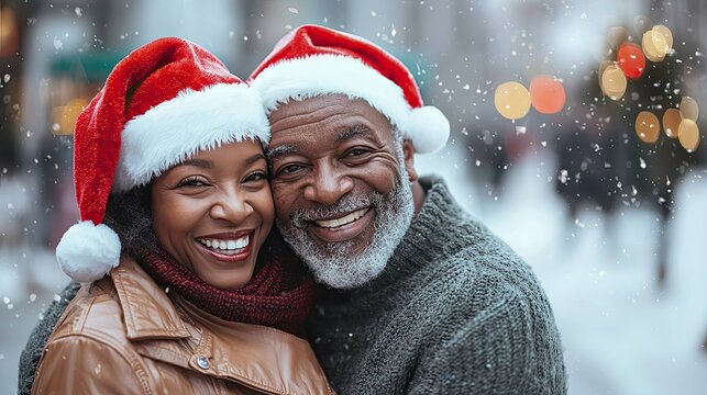 A joyful African American couple smiles warmly at each other while wearing Santa hats in a snowy urban setting during the holiday season.
