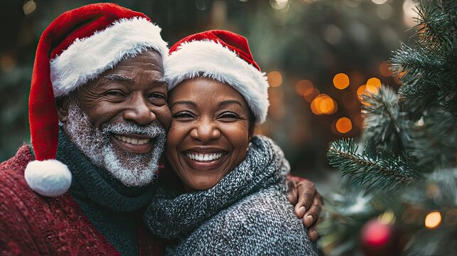 A joyful senior African couple wearing Santa hats smiles warmly in front of a decorated Christmas tree with soft glowing lights.