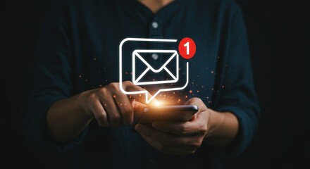 Mobile phone displaying a notification with an envelope icon in a speech bubble, indicating a new message with one pending notification.