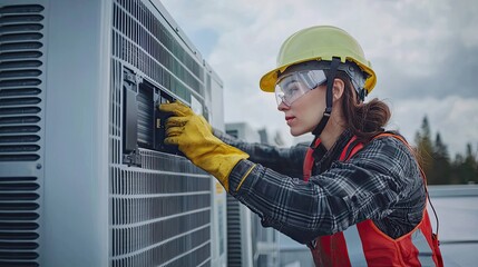 A young Caucasian woman with brown hair and safety gear works on an air conditioning unit outdoors. She wears a yellow hard hat and protective goggles.
