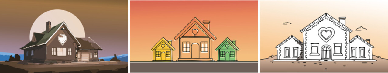 Minimalist continuous line drawing of houses forming a connected community with a heart, ideal for branding, social projects, or real estate branding emphasizing care.
