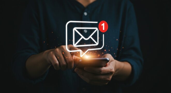 Mobile phone displaying a notification with an envelope icon in a speech bubble, indicating a new message with one pending notification.