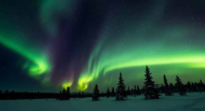 Vibrant green and purple Northern Lights dance in the night sky above a snowy, tree-lined landscape.