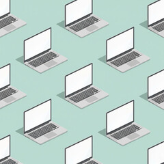 Seamless pattern of isometric laptops with blank screens on a pastel background