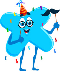 Math symbol in birthday hat for holiday celebration cartoon character, vector multiplication sign. Funny mathematical sign character with happy face, birthday cap and mustaches mask prop for party