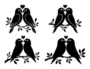 Lovebird Couple Silhouette Set  Romantic Kissing Birds on a Branch Vector
