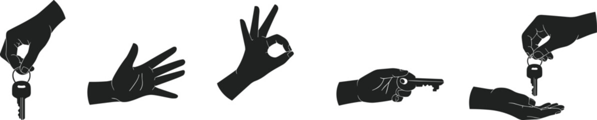 hand gestures vector silhouette, holding key illustration, ok hand icon, pointing finger shape, handing keys graphic, black hand symbols