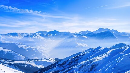 Fototapeta premium Scenery of the Blue Snow Mountain Range,panoramic view of the Alps—Towering Peaks in Azure Tones, Snow-Capped Summits & Vast Landscapes, Nature’s Breathtaking Alpine Canvas.