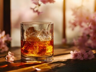 Whiskey Glass with Ice and Cherry Blossoms on Wooden Table