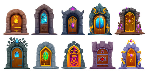 Fantasy magic portal doors and gates for game assets, vector cartoon teleports. Magic witchcraft game assets of Medieval doors and ancient portal gates or dungeon chamber gateways with mystic glow © Vector Tradition