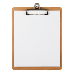 A blank wooden clipboard with a silver clip holding white paper isolated on transparent background