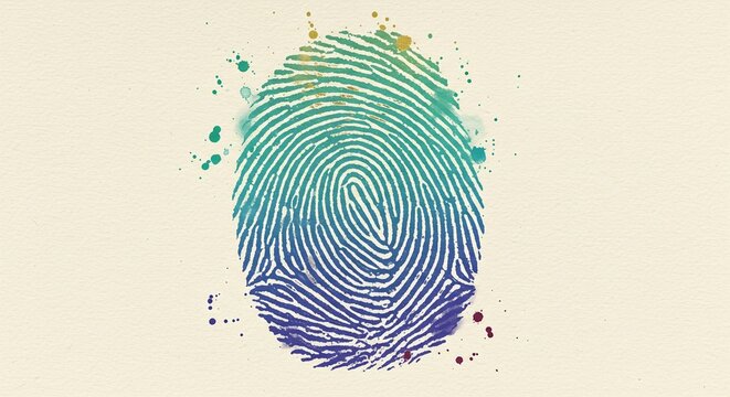 Abstract fingerprint art with a gradient of colors from blue to green to yellow, surrounded by paint splatters on a textured background.