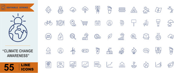 Climate Change Awareness Icon Pack – 55 Line Icons Featuring Environmental Impact, Sustainability Actions, Pollution Visuals & Advocacy Tools