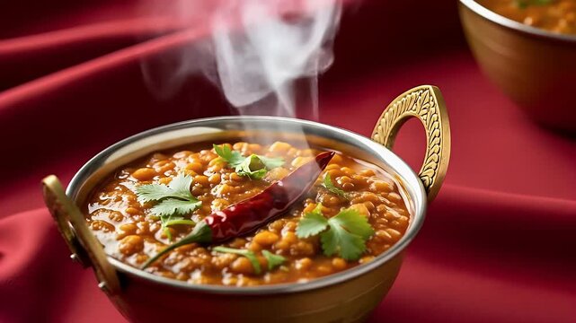 Indian dal tadka served hot in brass bowl for cinematic food video