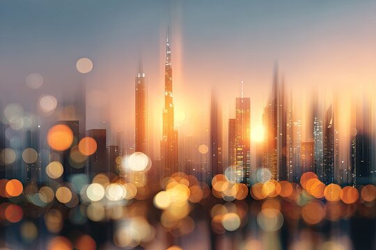 Blurry city skyline at sunrise - Powered by Adobe