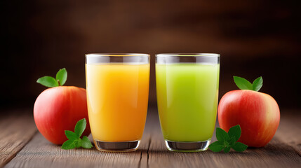 Fototapeta premium Fresh orange and green apple juice in clear glasses with red apples and green leaves on wooden table, healthy and refreshing drink