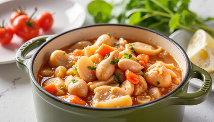 Hearty vegetable and bean stew in green pot with fresh herbs  