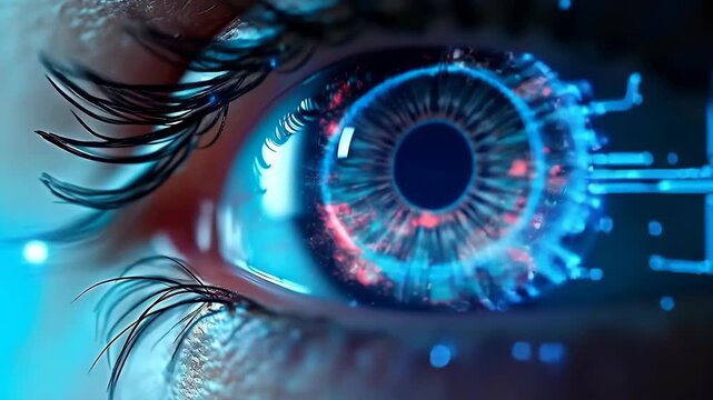 Quantum technology and AI development inspire futuristic digital eye with advanced cybernetic data patterns and high tech quantum interface design