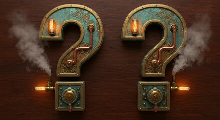Steampunk question marks with glowing bulbs and steam on wood. An intriguing mechanical design invokes mystery and retro-futuristic themes.