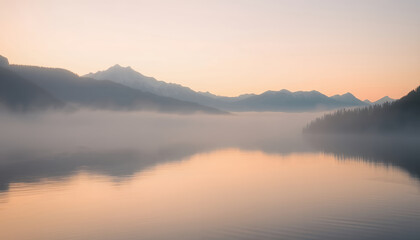 Serene lake landscape at sunrise, with mountains in the distance. The tranquil water reflects the soft hues of the dawn sky, creating a calming atmosphere.