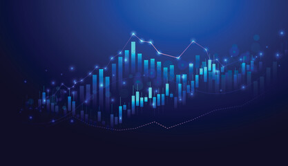 business trading graph candlestick charts and technology economy markets chart up on blue background. market chart profit money vector illustration digital fantastic.