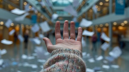 A hand extended upward, palm open to receive, wearing a simple ring and a cozy sweater,