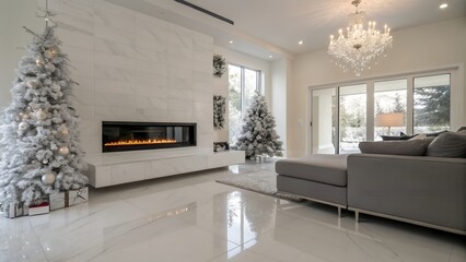 Sleek Minimalist Living Room with Frosted Christmas Decor