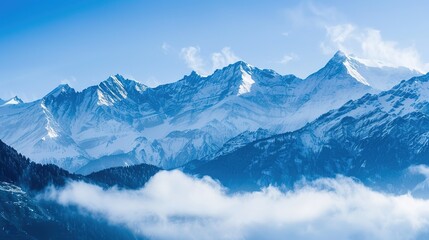 Obraz premium Scenery of the Blue Snow Mountain Range,panoramic view of the Alps—Towering Peaks in Azure Tones, Snow-Capped Summits & Vast Landscapes, Nature’s Breathtaking Alpine Canvas.
