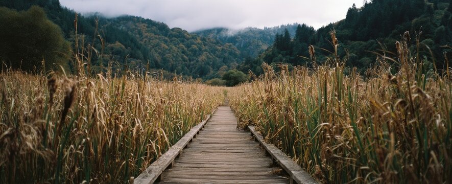 Wooden boardwalk through a field of tall golden grasses