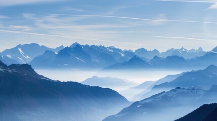 Scenery of the Blue Snow Mountain Range,panoramic view of the Alps&mdash;Towering Peaks in Azure Tones, Snow-Capped Summits & Vast Landscapes, Nature&rsquo;s Breathtaking Alpine Canvas.