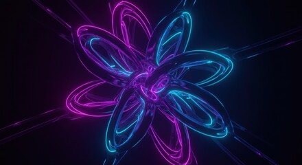 Vibrant neon flower sculpture illuminates darkness with electric blue and magenta glow
