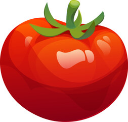 Cartoon raw ripe tomato vegetable. Isolated vector farm veggie plant with a vivid red surface and green stem, representing healthy food, organic farming, vegetarian cuisine, or culinary ingredient