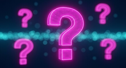 A digital render of magenta question marks on a dark background with blue bokeh lights creating a sense of mystery and inquiry.