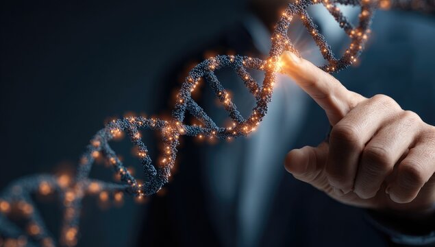 Hand touching a DNA double helix
