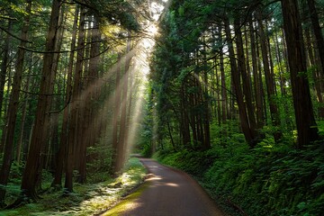 Obraz premium Sunlit Forest Path: Serene Morning Light Streaming Through Tall Trees, Lush Greenery, Winding Road