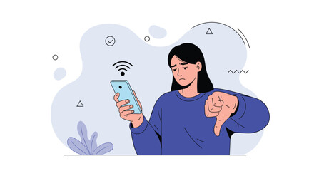 Woman frustrated by poor mobile phone network signal showing thumbs down with wi-fi symbol overhead