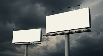 Fototapeta premium Two blank billboards stand against a dramatic, stormy sky, offering ample space for advertisements or creative displays.