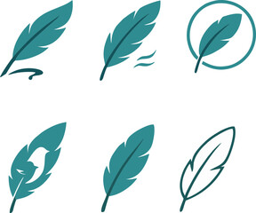 Minimalistic vector icon set of feathers in various styles. Suitable for use in nature, ecology, ease, poetry, writing, logos, UI/UX design, and decorative themes.