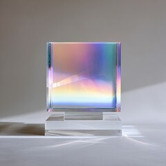 Abstract iridescent square prism on a pedestal